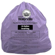 Purple garbage bag printed with information about the PAYT program in Waterville, Maine.
