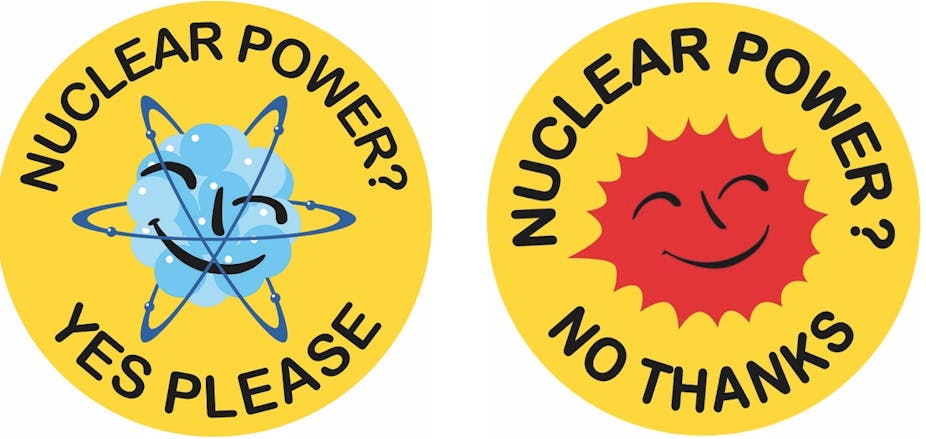 One yellow circle saying 'Nuclear Power? Yes please' with an illustration of an atom and another saying 'Nuclear power? No thanks' with an illustration of a sun.