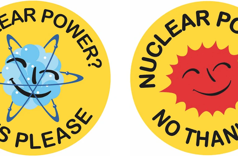 One yellow circle saying 'Nuclear Power? Yes please' with an illustration of an atom and another saying 'Nuclear power? No thanks' with an illustration of a sun.