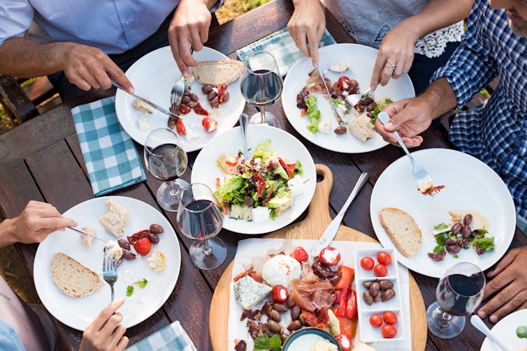 view from above of plates on a table where people are eating