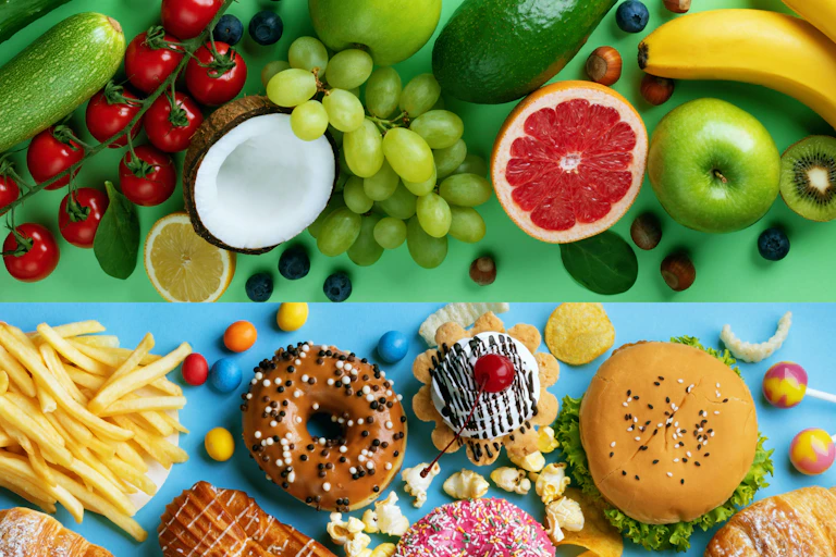layout of fruits and other Whole Foods above junk foods below