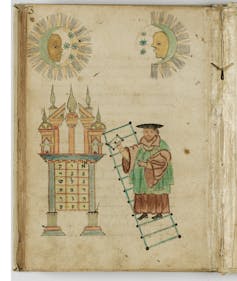 A medieval manuscript shows a man climbing a ladder while holding an hourglass.