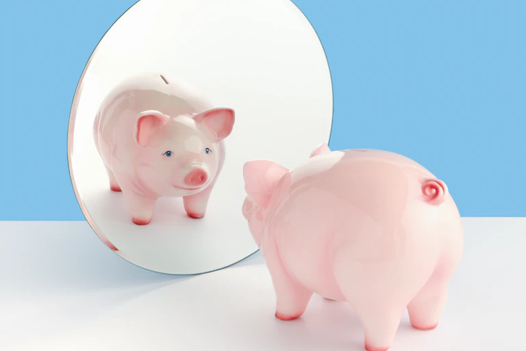A piggy bank gazes into a mirror and sees its own reflection