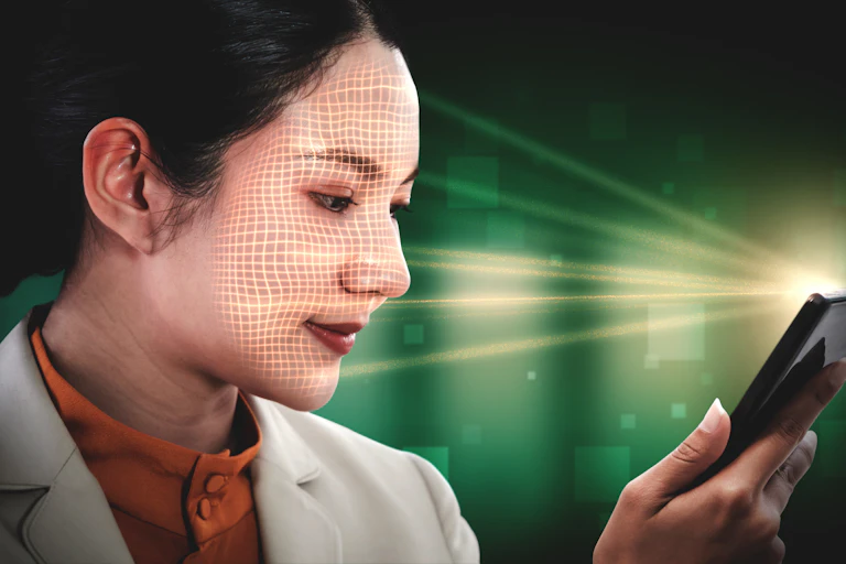 a woman holding a cell phone that is scanning her face