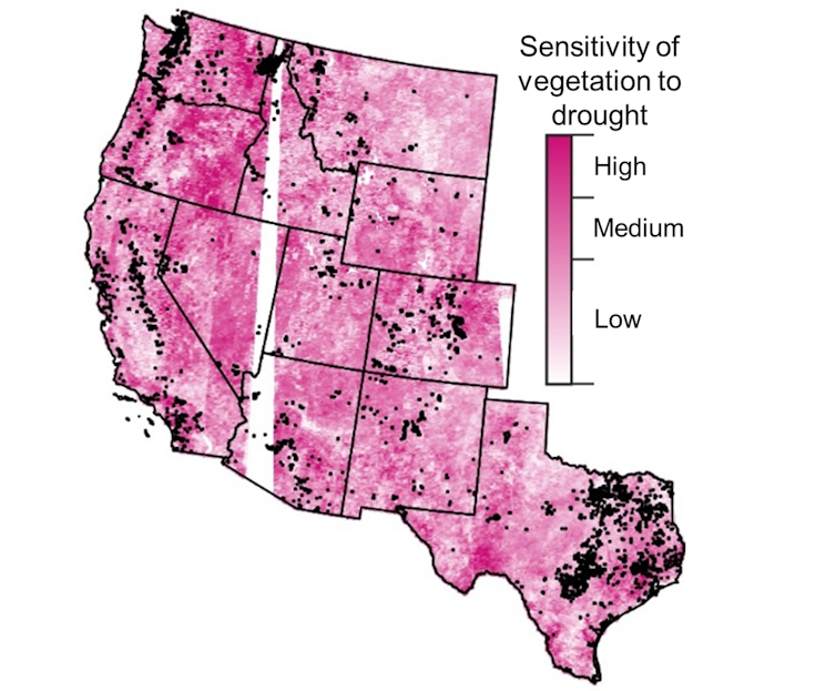 Map of the U.S. West showing high-risk areas in Texas and California that also have high population growth.