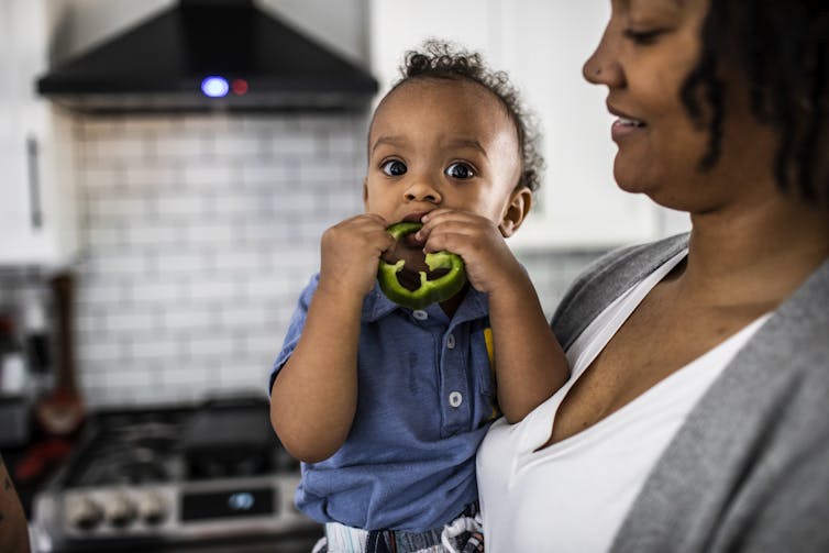 Little boy eating a slice of green pepper while being held by mom.