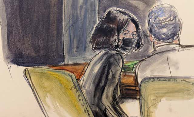 A court artist's impression of Ghislaine Maxwell in court wearing a mask and looking back over her shoulder.