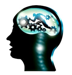 Silhouette or a head with a man running and gears turning in the cranium