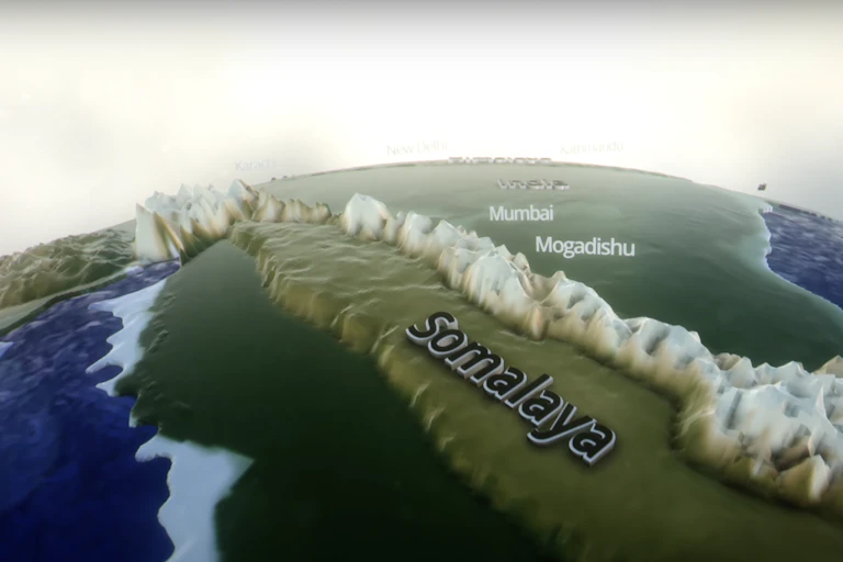 Aerial view of computer generated mountain range Somalaya