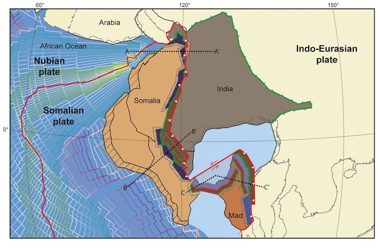 Map of India and Somalia plate tectonics in future