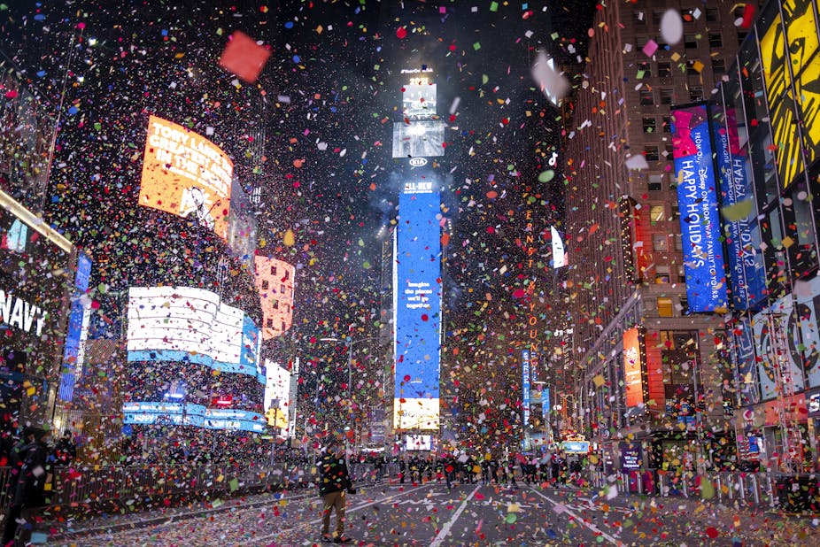 Confetti falls in Times Square early on Jan. 1, 2021.