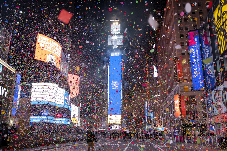 Confetti falls in Times Square early on Jan. 1, 2021.