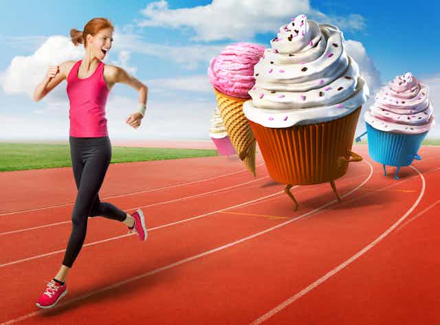 Illustration of a woman running, with cupcakes and ice cream chasing her