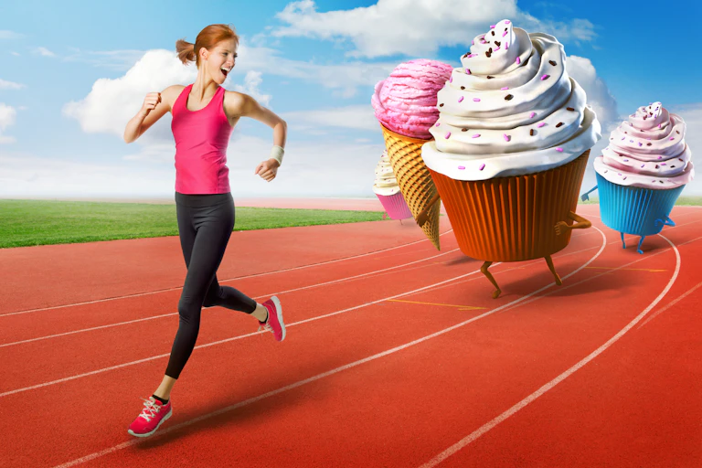 Illustration of a woman running, with cupcakes and ice cream chasing her
