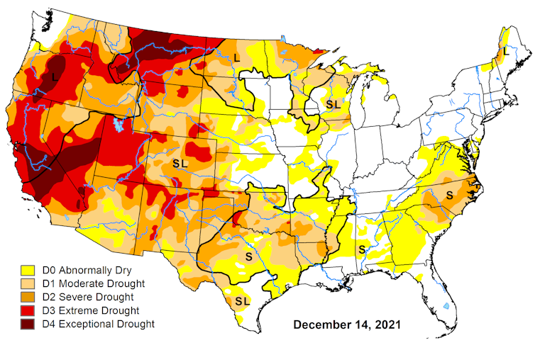 Map of drought conditions for the contiguous United States as of Dec. 7, 2021