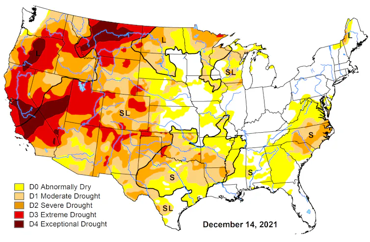 Map of drought conditions for the contiguous United States as of Dec. 7, 2021