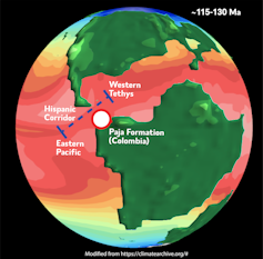 A digital map showing North and South America before they were connected — the strait between them is labelled as the Hispanic Corridor