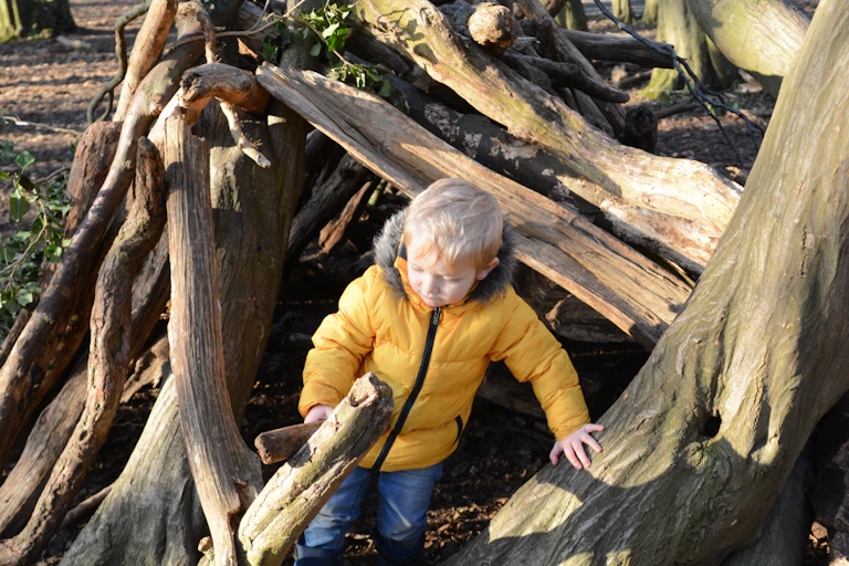 Un enfant joue dans un foret.
