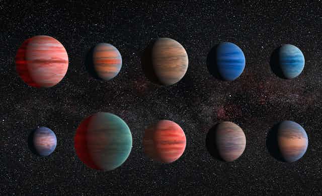 An artistic representation of ten hot Jupiters