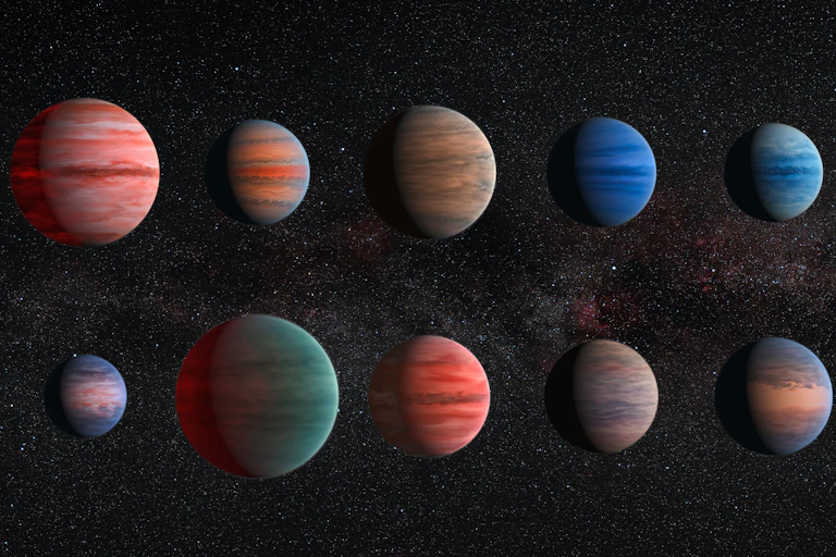 An artistic representation of ten hot Jupiters
