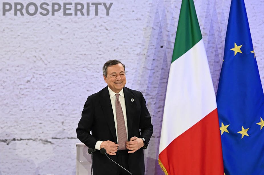Mario Draghi, le premier ministre italien, heureux à la fin du G20 de Rome le 31 octobre 2021