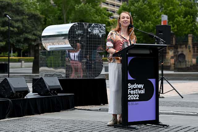 Sydney Festival Artistic Director Olivia Ansell speaks during a media call for the 2022 Sydney Festival.
