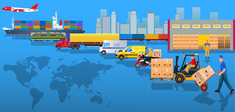 An illustration of a supply chain from a man wheeling some boxes through various stages of transport right up to a plane.