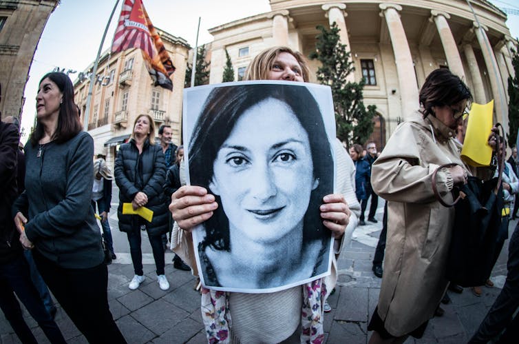 A protest calling attention to the murder of journalist Daphne Caruana Galizia