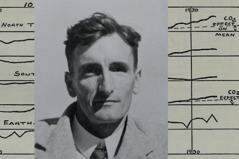 Photo of Callendar superimposed on a page of hand-drawn charts from his research paper.