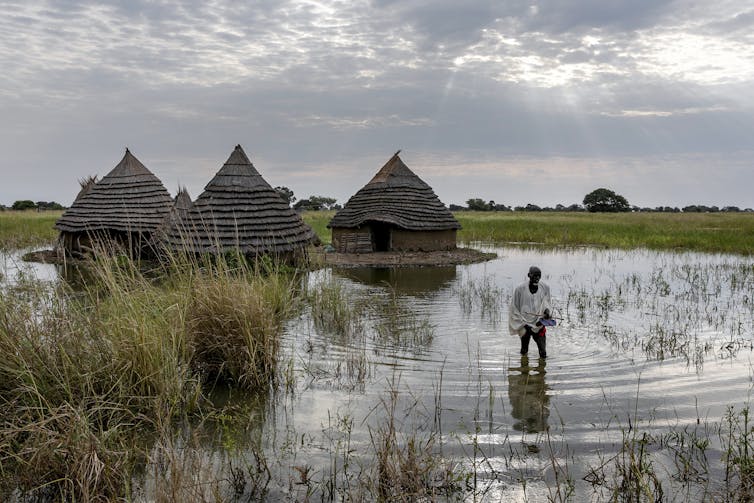 A man wades through a flooded field with several dwellings in the background.