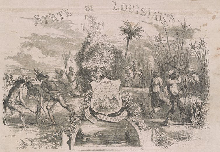 Vintage print depicting Native Americans and sugar cane workers in Louisiana.