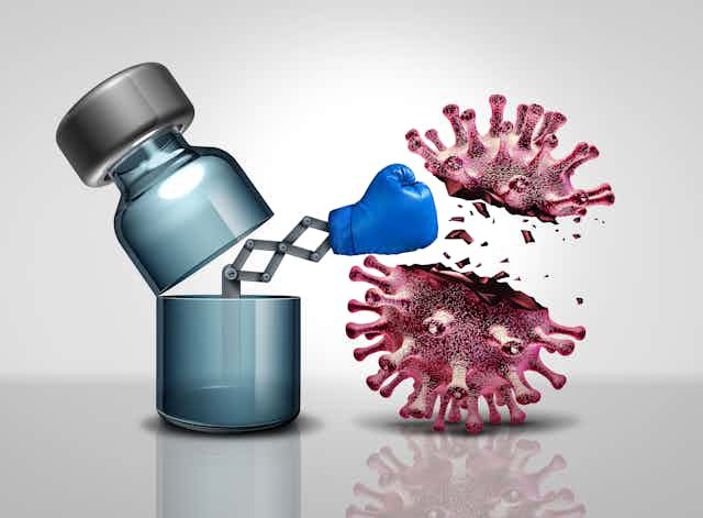 Illustration of a boxing glove emerging from a vaccine vial to punch a coronavirus