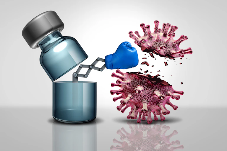 Illustration of a boxing glove emerging from a vaccine vial to punch a coronavirus