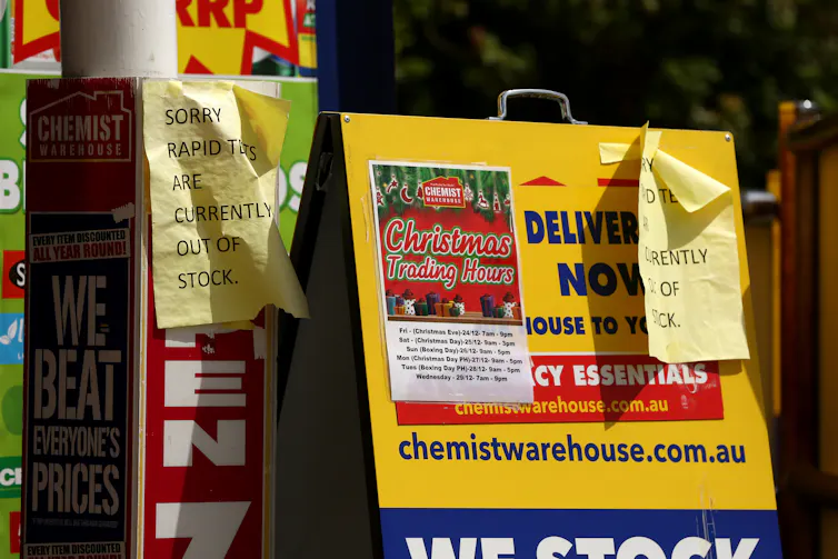 Sign outside a pharmacy saying that rapid antigen tests are out of stock