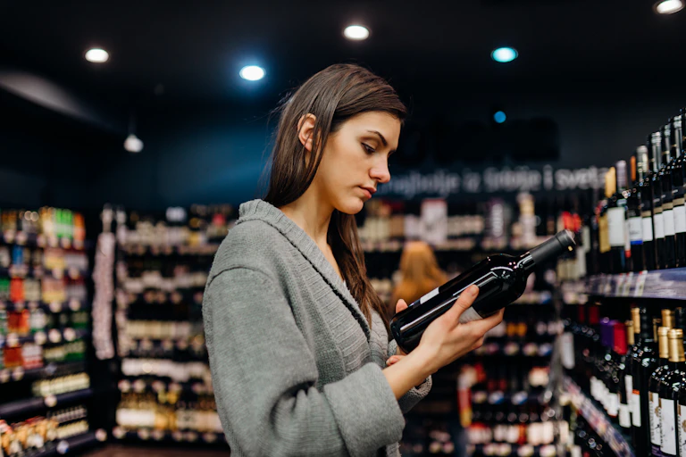 A woman reads the label on a bottle of wine in a shop.