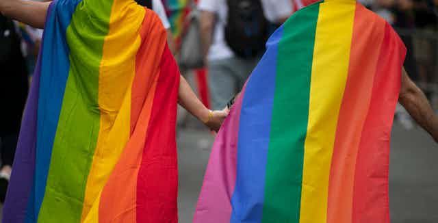 Two men wearing gay pride flags as capes, holding hands and walking away from the camera