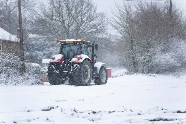 A tractor on a snowy field in Suffolk.