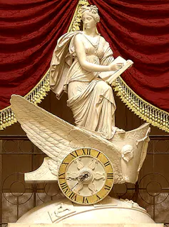 Carlo Franzoni's 1819 sculptural figure of Clio is seen above a clock in the National Statuary Hall