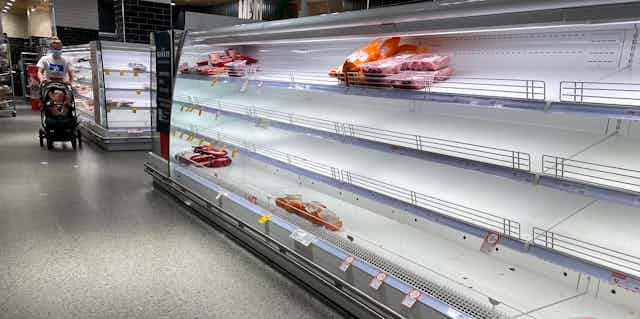 Empty shelves at a supermarket in Sydney, January 7 2022.