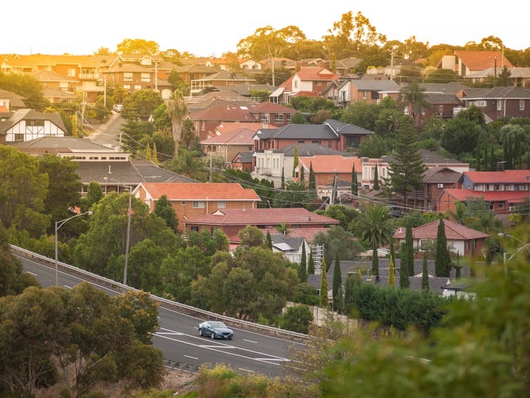 City suburb with road and trees