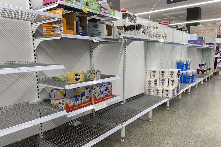 Low stocks of toilet paper at a supermarket in Sydney, January 7 2022.