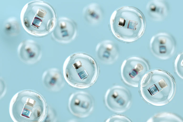 Vaccine vials in bubbles.