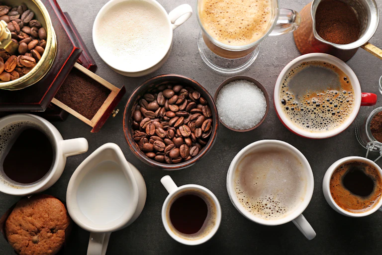 An assortment of different types of coffee, including espresso, filter and latte.