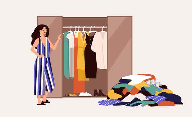 illustration of lady looking at clothes in wardrobe