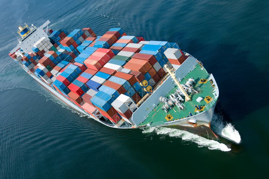Container ship moving through the sea