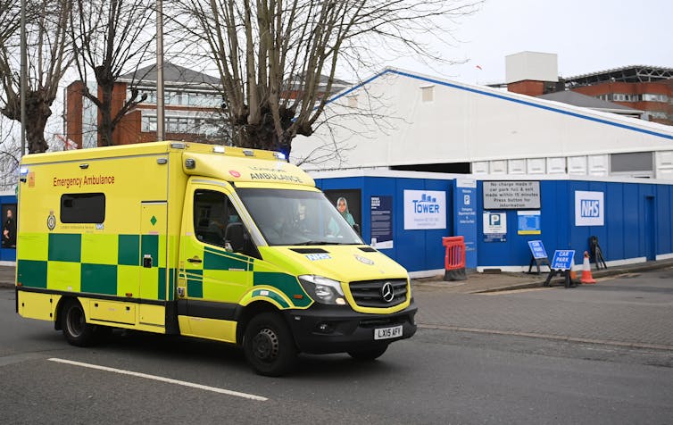 An ambulance outside of a temporary hospital for COVID patients