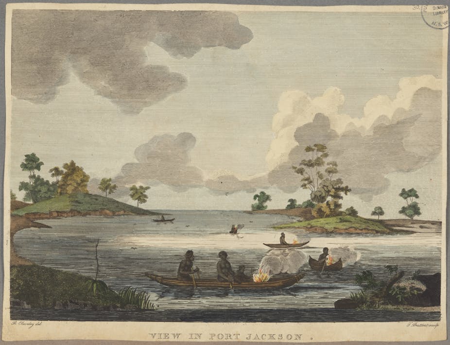 A painting depicting First Nations people in canoes on Port Jackson.