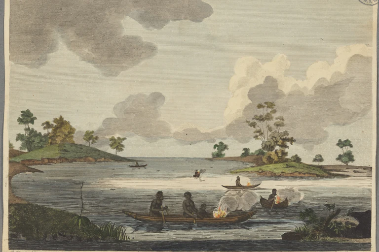 A painting depicting First Nations people in canoes on Port Jackson.