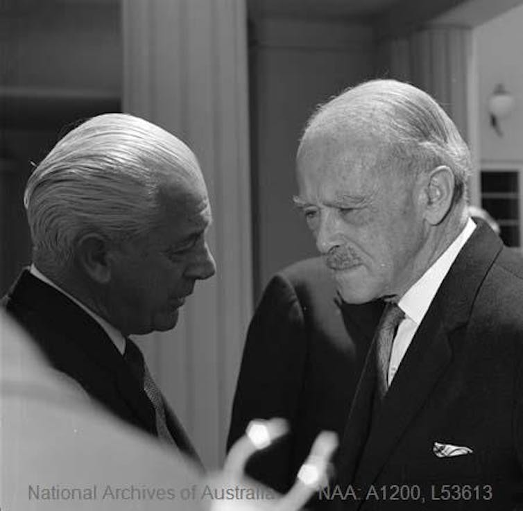 Prime Minister Harold Holt with Governor-General Lord Casey after swearing in of Holt as prime minister.