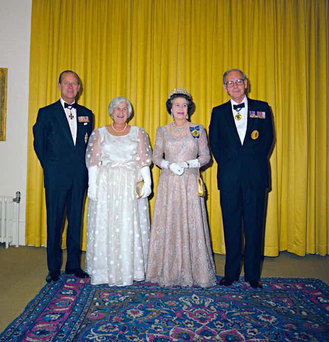 Queen Elizabeth II and the Duke of Edinburgh with Governor-General, Sir Ninian Stephen and Lady Stephen at Government House, Canberra, 1982.